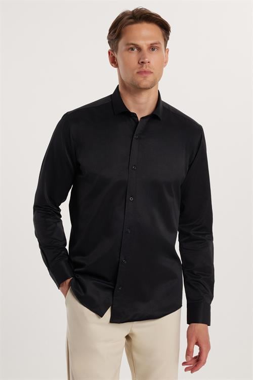 Modern Slim Fit Uzun Kollu Düz Saten Pamuklu Erkek Siyah Gömlek