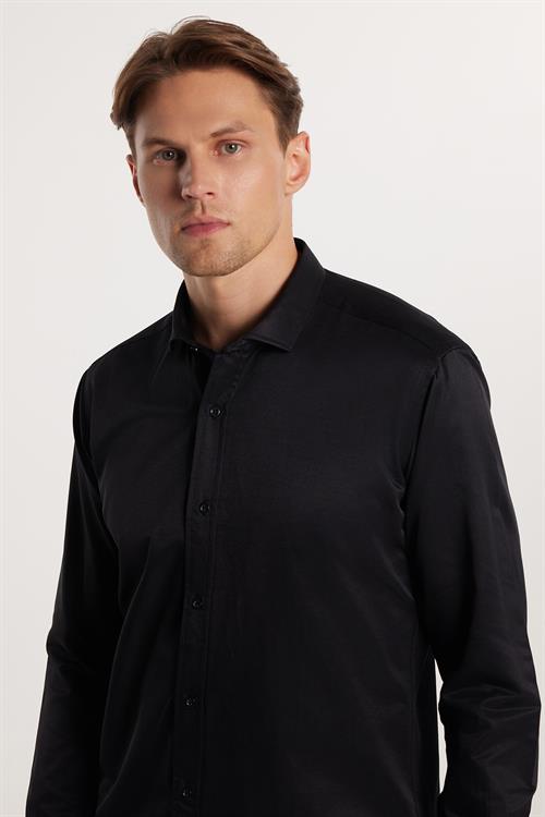 Modern Slim Fit Uzun Kollu Düz Saten Pamuklu Erkek Siyah Gömlek