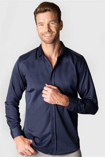 Modern Slim Fit Uzun Kollu Düz Saten Pamuklu Erkek Lacivert Gömlek