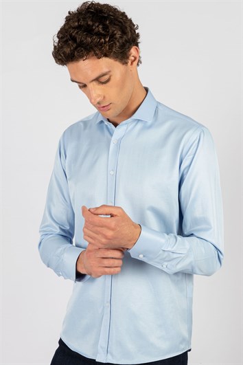 Modern Slim Fit Uzun Kollu Düz Saten Pamuklu Erkek Mavi Gömlek