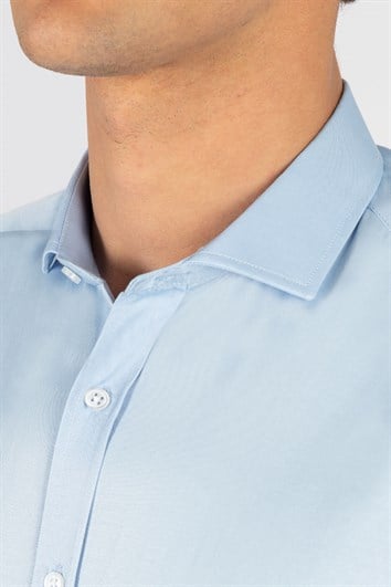 Modern Slim Fit Uzun Kollu Düz Saten Pamuklu Erkek Mavi Gömlek