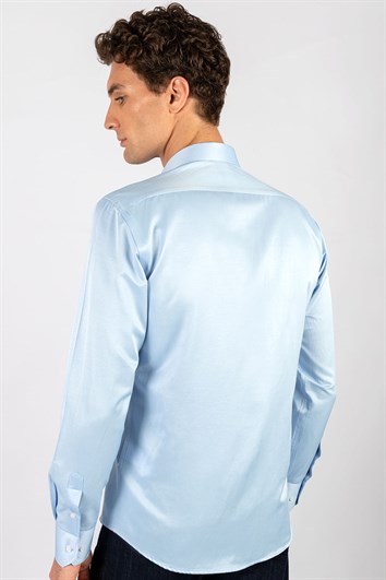 Modern Slim Fit Uzun Kollu Düz Saten Pamuklu Erkek Mavi Gömlek