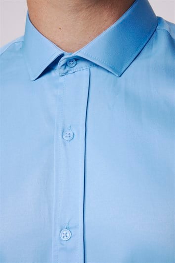 Modern Slim Fit Uzun Kollu Düz Saten Pamuklu Erkek Mavi Gömlek