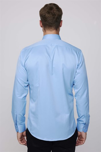 Modern Slim Fit Uzun Kollu Düz Saten Pamuklu Erkek Mavi Gömlek