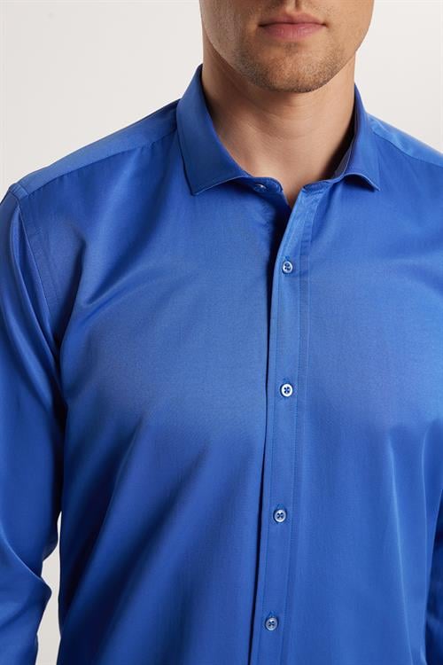 Modern Slim Fit Uzun Kollu Düz Saten Pamuklu Erkek Sax Mavi Gömlek