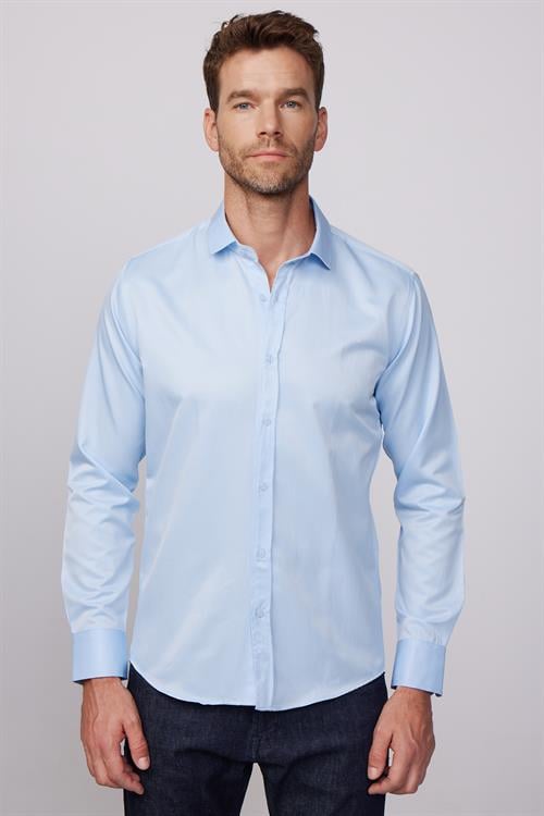 Modern Slim Fit Uzun Kollu Düz Saten Pamuklu Erkek Mavi Gömlek