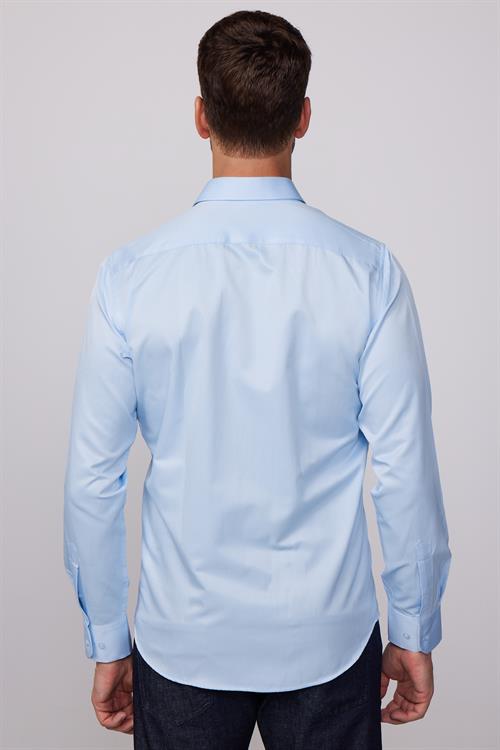 Modern Slim Fit Uzun Kollu Düz Saten Pamuklu Erkek Mavi Gömlek
