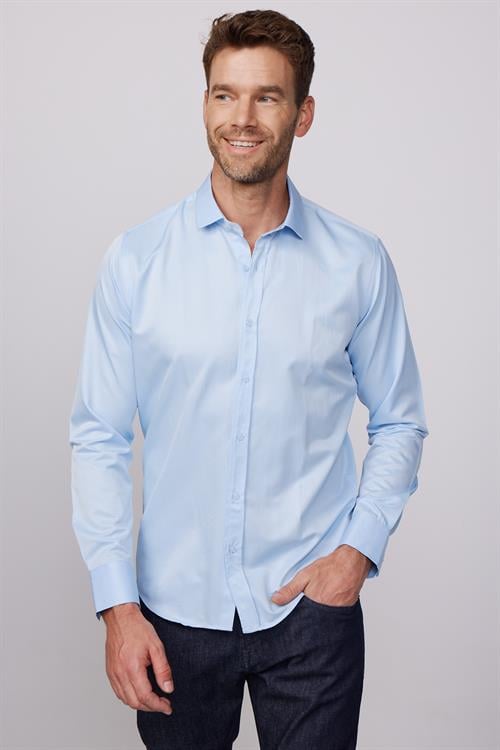 Modern Slim Fit Uzun Kollu Düz Saten Pamuklu Erkek Mavi Gömlek