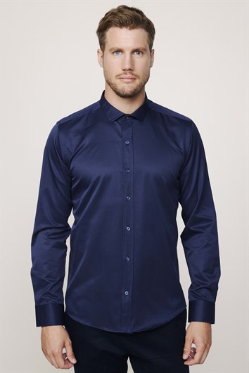 Modern Slim Fit Uzun Kollu Düz Saten Pamuklu Erkek Lacivert Gömlek