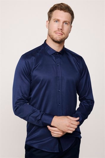 Modern Slim Fit Uzun Kollu Düz Saten Pamuklu Erkek Lacivert Gömlek