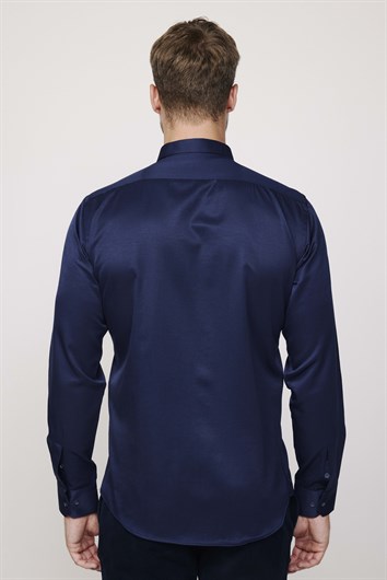 Modern Slim Fit Uzun Kollu Düz Saten Pamuklu Erkek Lacivert Gömlek