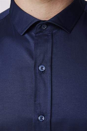 Modern Slim Fit Uzun Kollu Düz Saten Pamuklu Erkek Lacivert Gömlek