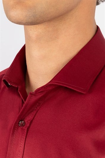 Modern Slim Fit Uzun Kollu Düz Saten Pamuklu Erkek Bordo Gömlek