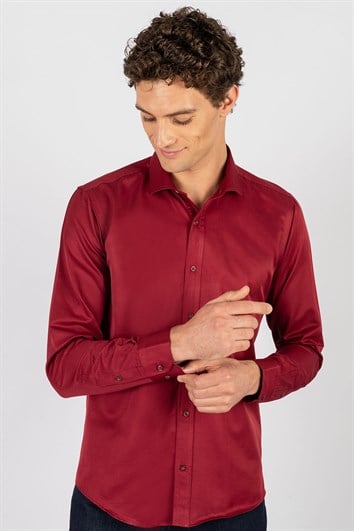Modern Slim Fit Uzun Kollu Düz Saten Pamuklu Erkek Bordo Gömlek