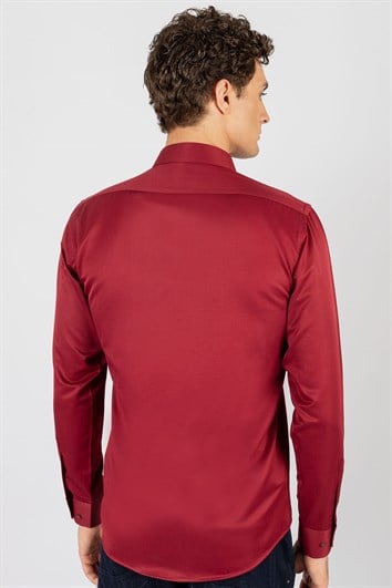 Modern Slim Fit Uzun Kollu Düz Saten Pamuklu Erkek Bordo Gömlek
