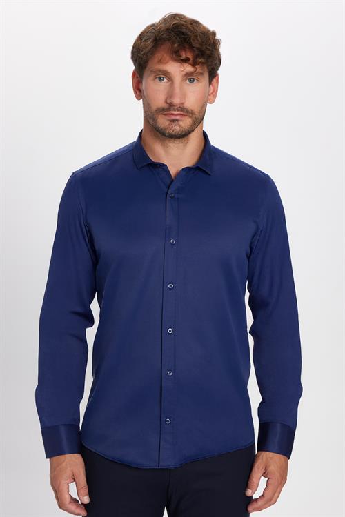 Modern Slim Fit Uzun Kollu Düz Saten Pamuklu Erkek Lacivert Gömlek