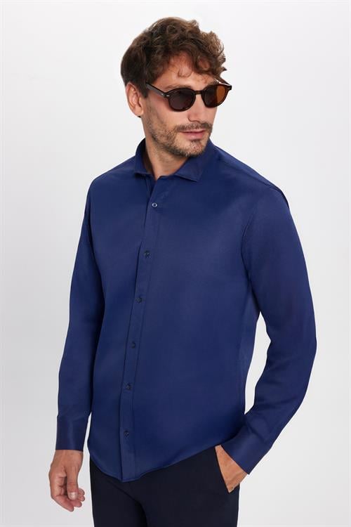 Modern Slim Fit Uzun Kollu Düz Saten Pamuklu Erkek Lacivert Gömlek