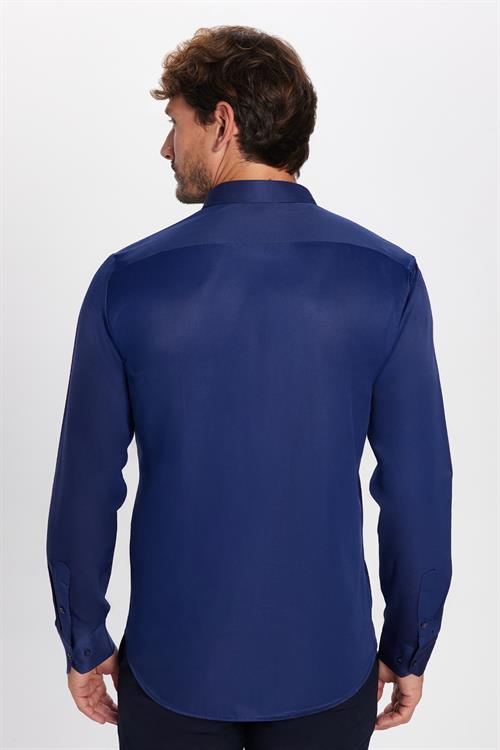 Modern Slim Fit Uzun Kollu Düz Saten Pamuklu Erkek Lacivert Gömlek