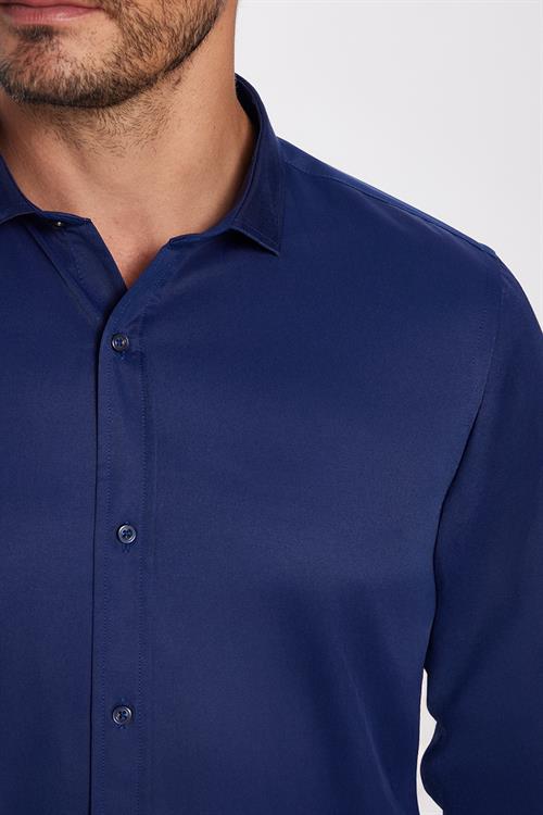 Modern Slim Fit Uzun Kollu Düz Saten Pamuklu Erkek Lacivert Gömlek