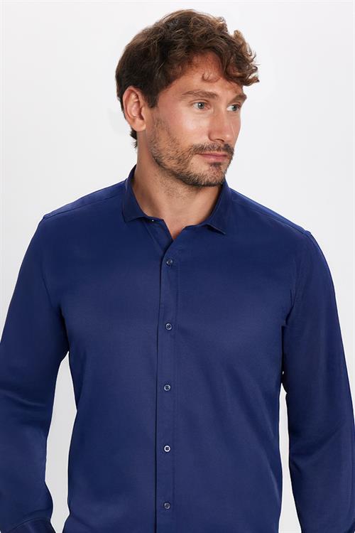 Modern Slim Fit Uzun Kollu Düz Saten Pamuklu Erkek Lacivert Gömlek