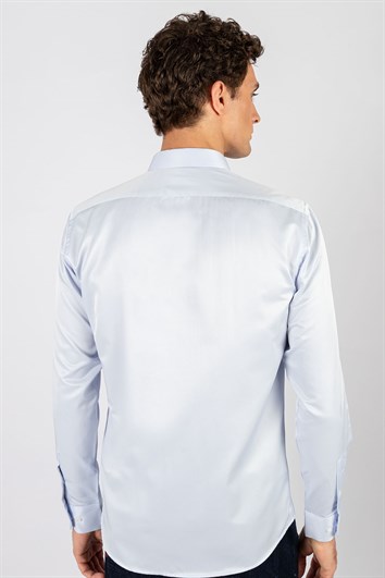 Modern Slim Fit Uzun Kollu Düz Saten Pamuklu Erkek Mavi Gömlek