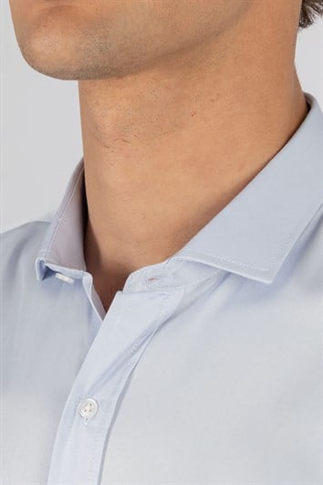 Modern Slim Fit Uzun Kollu Düz Saten Pamuklu Erkek Mavi Gömlek