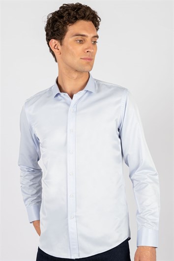 Modern Slim Fit Uzun Kollu Düz Saten Pamuklu Erkek Mavi Gömlek