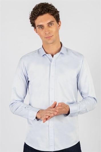 Modern Slim Fit Uzun Kollu Düz Saten Pamuklu Erkek Mavi Gömlek