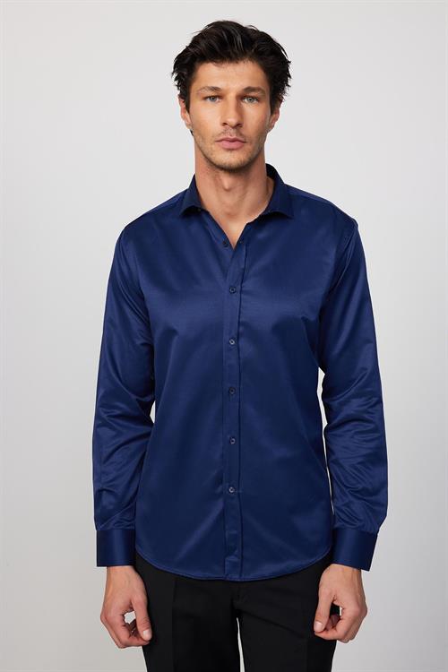 Modern Slim Fit Uzun Kollu Düz Saten Pamuklu Lacivert Erkek Gömlek