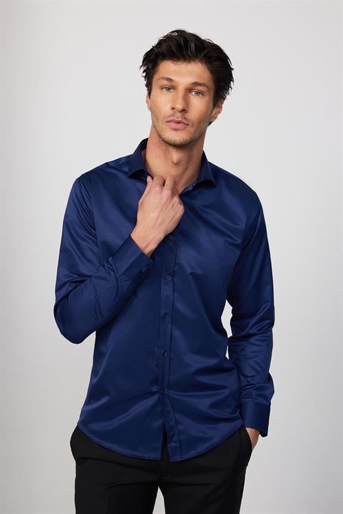 Modern Slim Fit Uzun Kollu Düz Saten Pamuklu Lacivert Erkek Gömlek