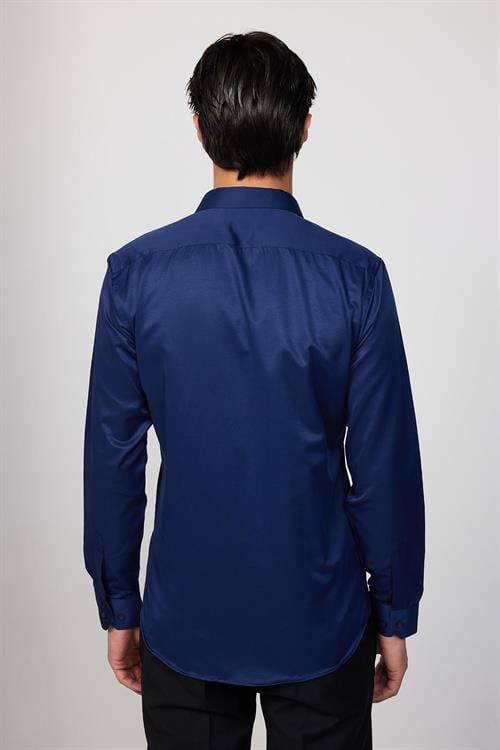 Modern Slim Fit Uzun Kollu Düz Saten Pamuklu Lacivert Erkek Gömlek