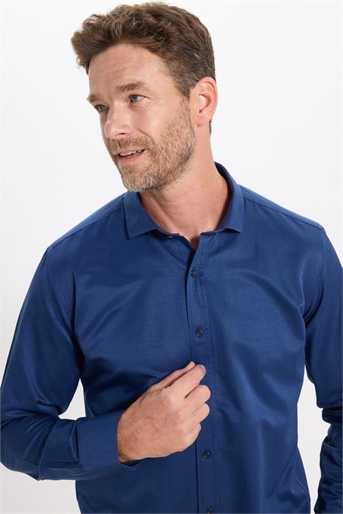 Modern Slim Fit Uzun Kollu Düz Saten Pamuklu Lacivert Erkek Gömlek