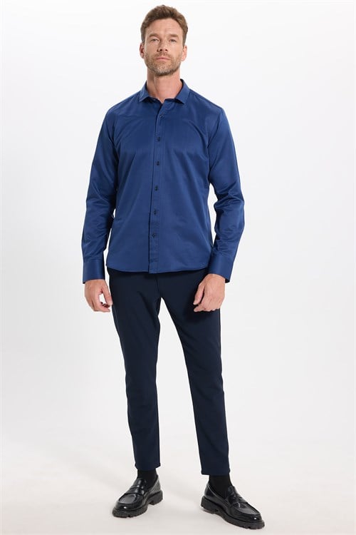 Modern Slim Fit Uzun Kollu Düz Saten Pamuklu Lacivert Erkek Gömlek