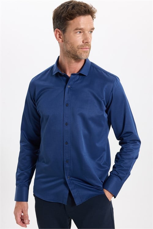 Modern Slim Fit Uzun Kollu Düz Saten Pamuklu Lacivert Erkek Gömlek