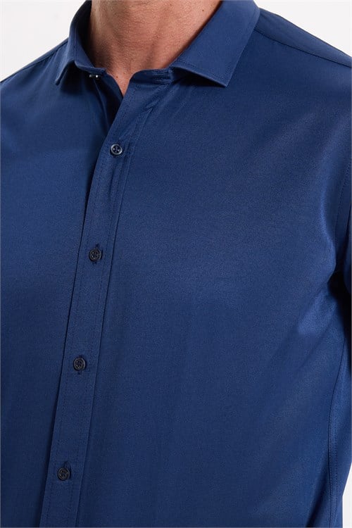Modern Slim Fit Uzun Kollu Düz Saten Pamuklu Lacivert Erkek Gömlek