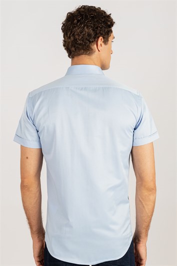 Modern Slim Fit Kısa Kollu Kravat Yaka Mavi Gömlek