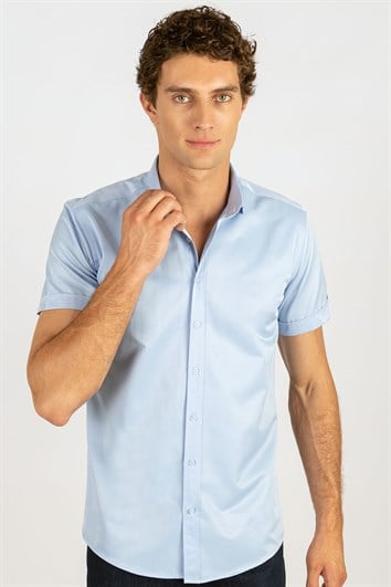 Modern Slim Fit Kısa Kollu Kravat Yaka Mavi Gömlek