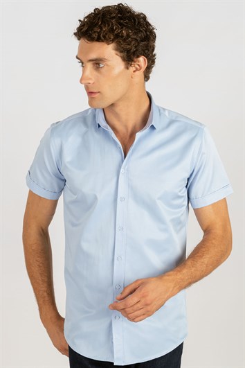 Modern Slim Fit Kısa Kollu Kravat Yaka Mavi Gömlek