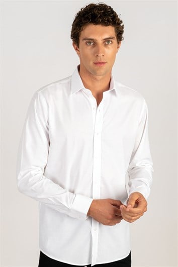 Modern Fit Uzun Kollu %100 Pamuk Armürlü Leke Tutmaz Beyaz Gömlek