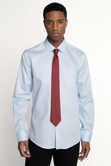 Modern Fit Uzun Kollu %100 Pamuk Armürlü Leke Tutmaz Mavi Gömlek