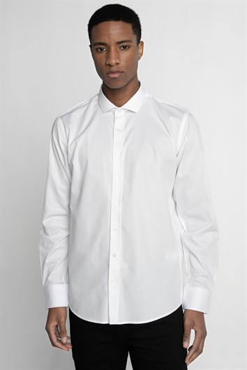 Modern Fit Uzun Kollu %100 Pamuk Armürlü Premium Erkek Beyaz Gömlek