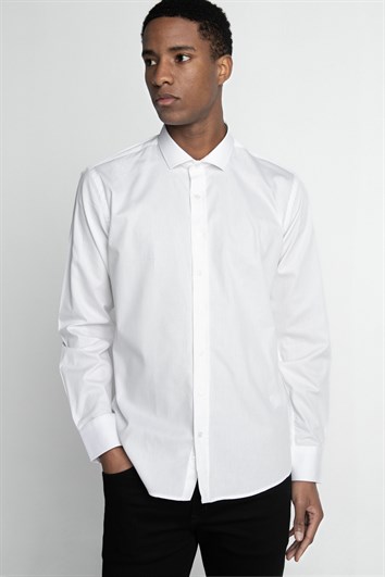 Modern Fit Uzun Kollu %100 Pamuk Armürlü Premium Erkek Beyaz Gömlek