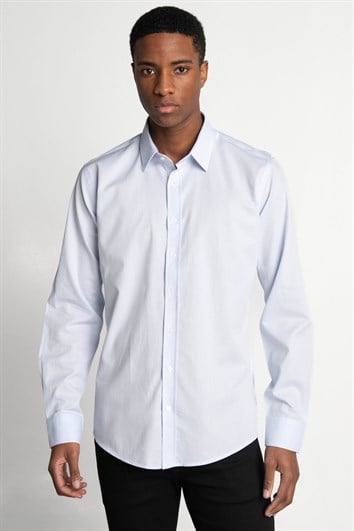 Modern Fit Uzun Kollu %100 Pamuk Armürlü Premium Erkek Mavi Gömlek
