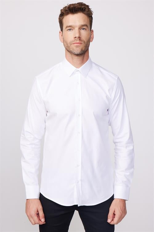 Modern Fit Uzun Kollu %100 Pamuk Armürlü Premium Erkek Beyaz Gömlek