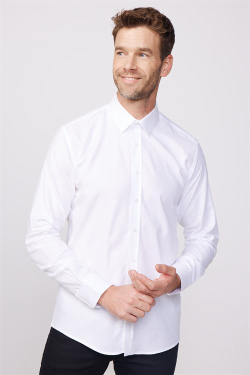 Modern Fit Uzun Kollu %100 Pamuk Armürlü Premium Erkek Beyaz Gömlek