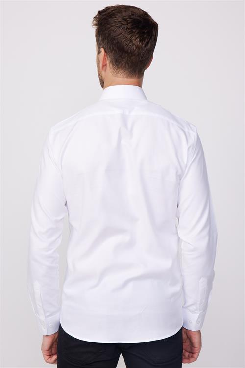 Modern Fit Uzun Kollu %100 Pamuk Armürlü Premium Erkek Beyaz Gömlek