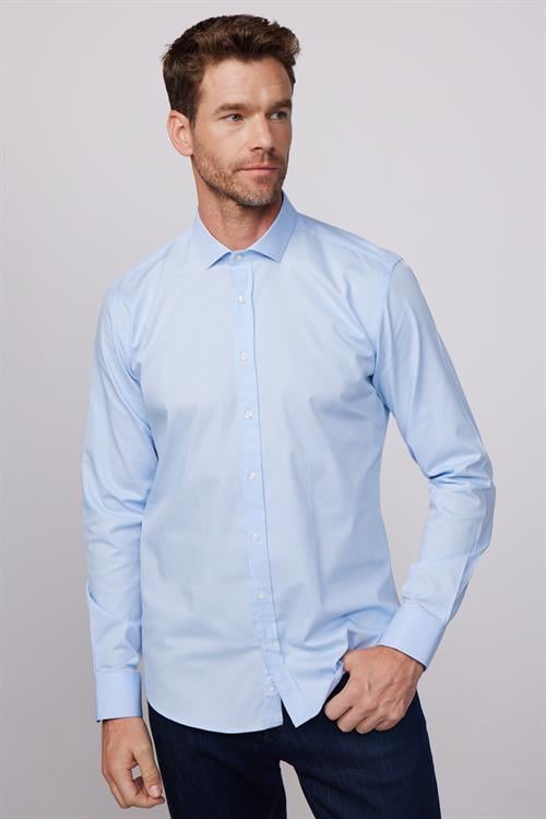 Modern Fit Uzun Kollu %100 Pamuk Armürlü Premium Erkek Mavi Gömlek
