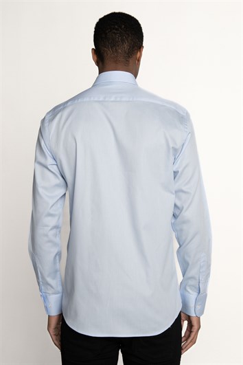 Modern Fit Uzun Kollu %100 Pamuk Armürlü Premium Erkek Mavi Gömlek