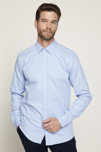 Modern Fit Uzun Kollu %100 Pamuk Armürlü Premium Erkek Mavi Gömlek