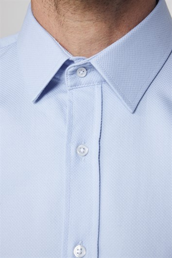 Modern Fit Uzun Kollu %100 Pamuk Armürlü Premium Erkek Mavi Gömlek